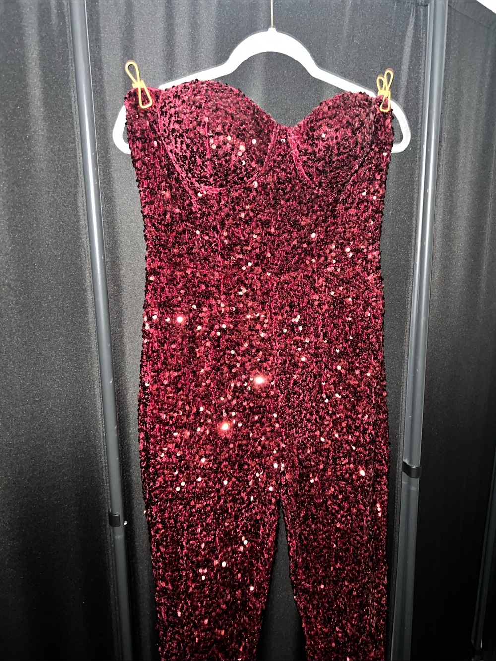 Fashion Nova Strapless Burgundy Sequin Romper Jumpsuit - Picture 5 of 10